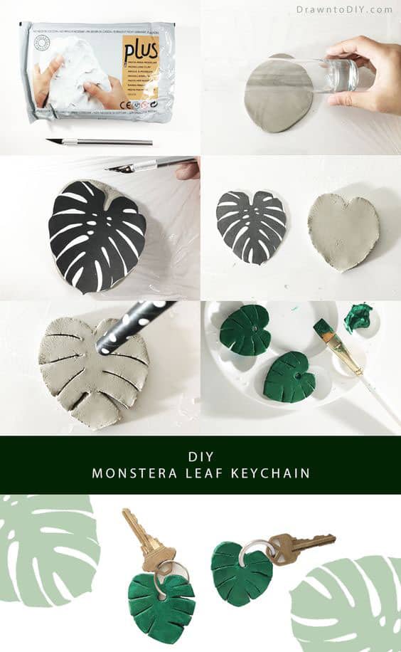 fun and easy air dry clay craft: make a monstera leaf key chain