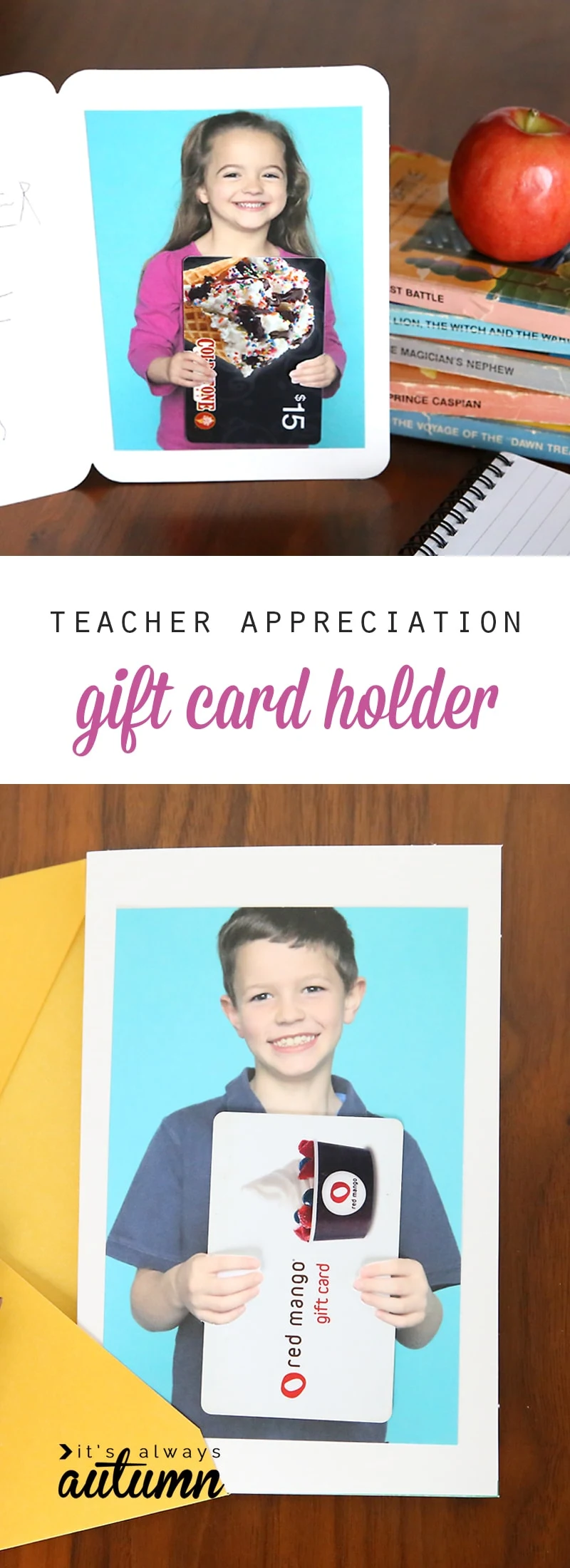 DIY photo gift card holder. Gift idea for Teacher Appreciation Week. This site has some great ideas for DIY teacher gifts.