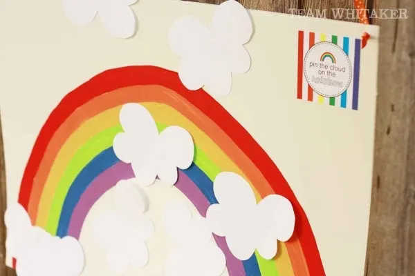 Rainbow Party Ideas, make this Pin the Cloud on the Rainbow game for a kids rainbow party activity