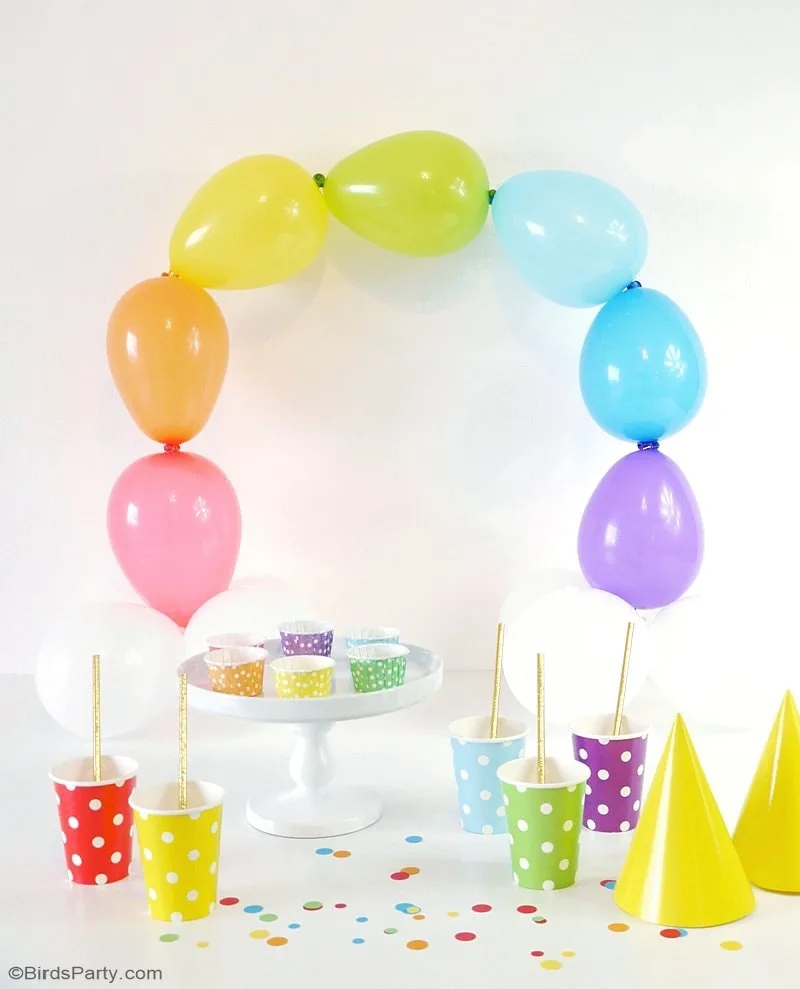 Rainbow party ideas: Simple DIY balloon arch rainbow party decor