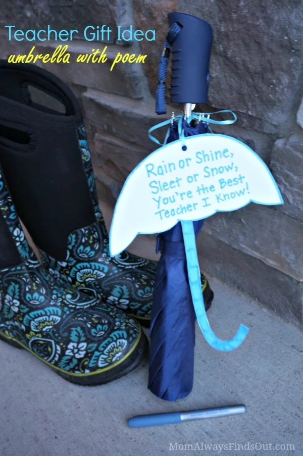 Practical teacher gift: umbrella. Gift idea for Teacher Appreciation Week. This site has some great teacher gift ideas.