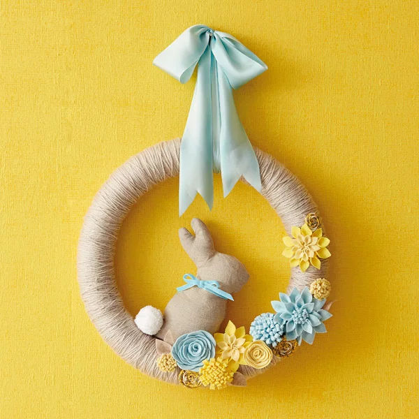 DIY Spring Felt Flower and Yarn Wreath with Bunny Pattern