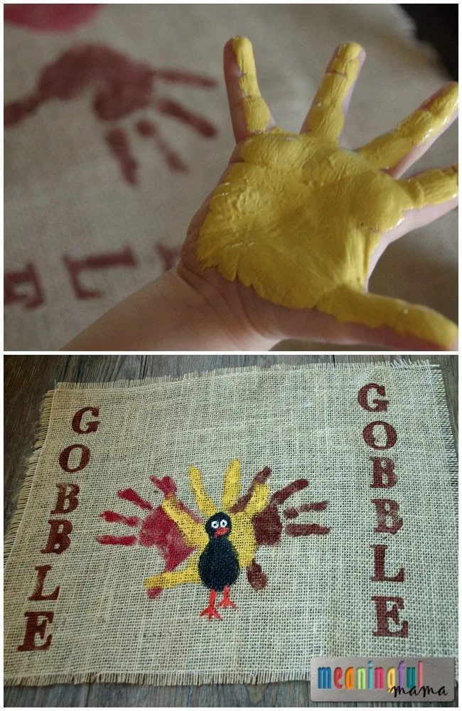 See how to make this handprint turkey placemat for the Thanksgiving table.