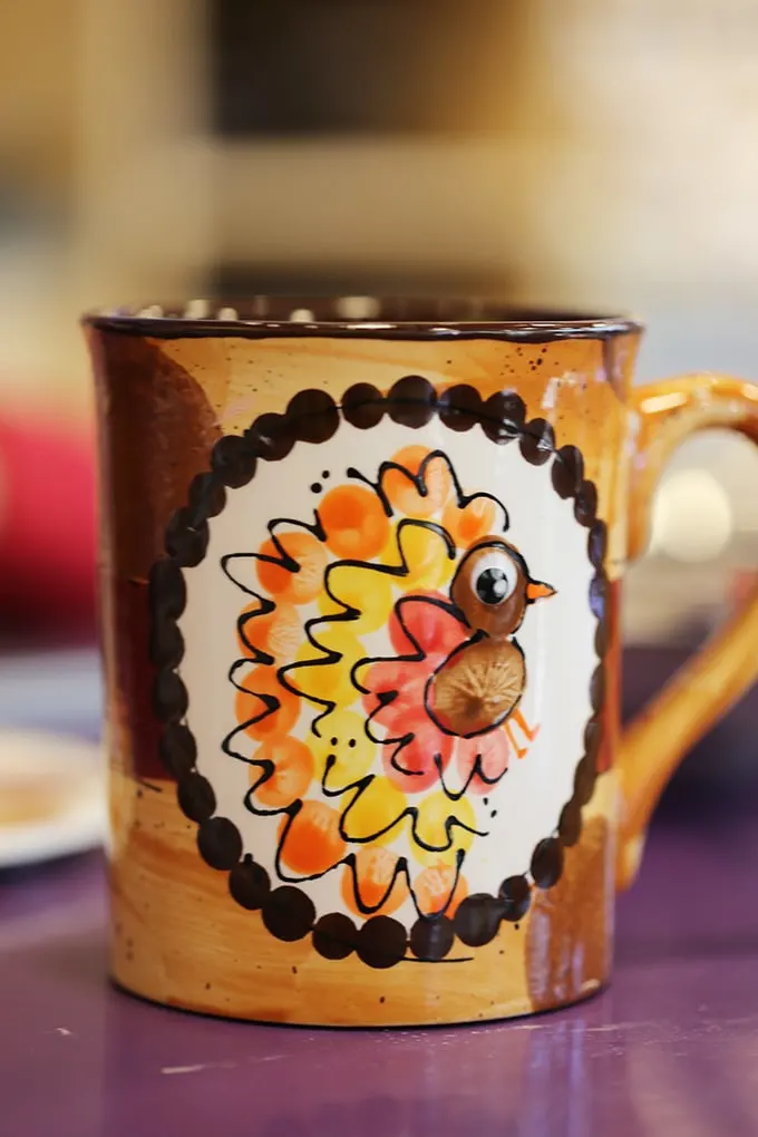 This fingerprint turkey mug came out so well. There are a ton of great fall keepsake crafts here.