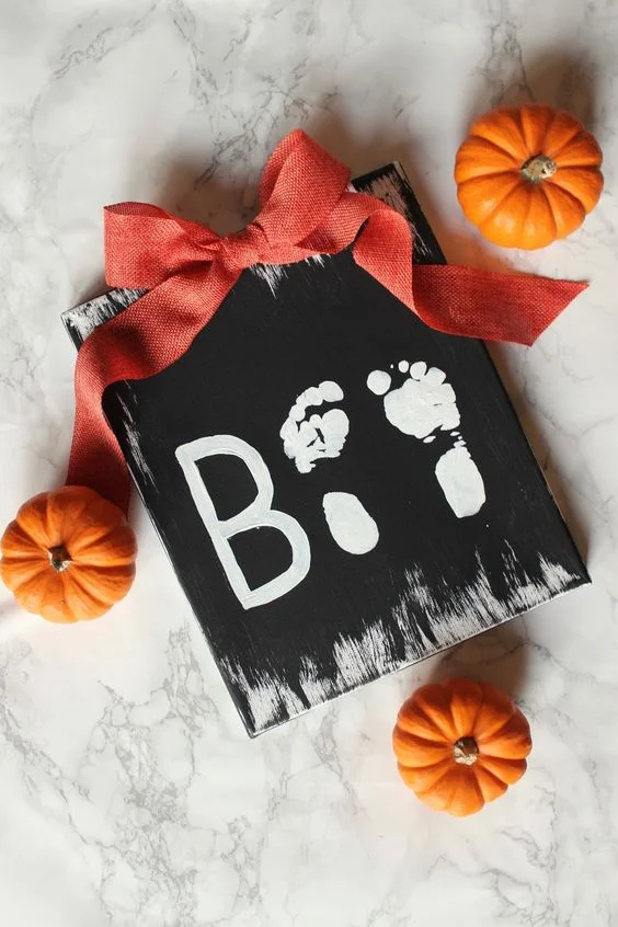 BOO footprint craft with baby feet