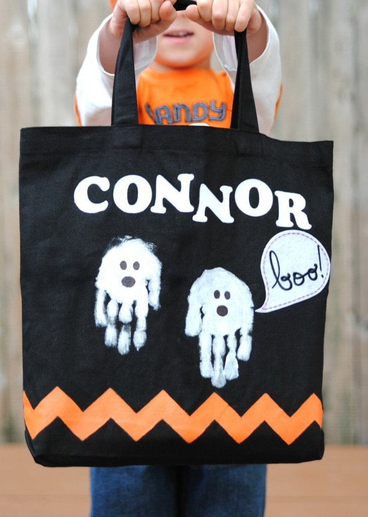 Halloween handprint ghosts trick or treat tote 