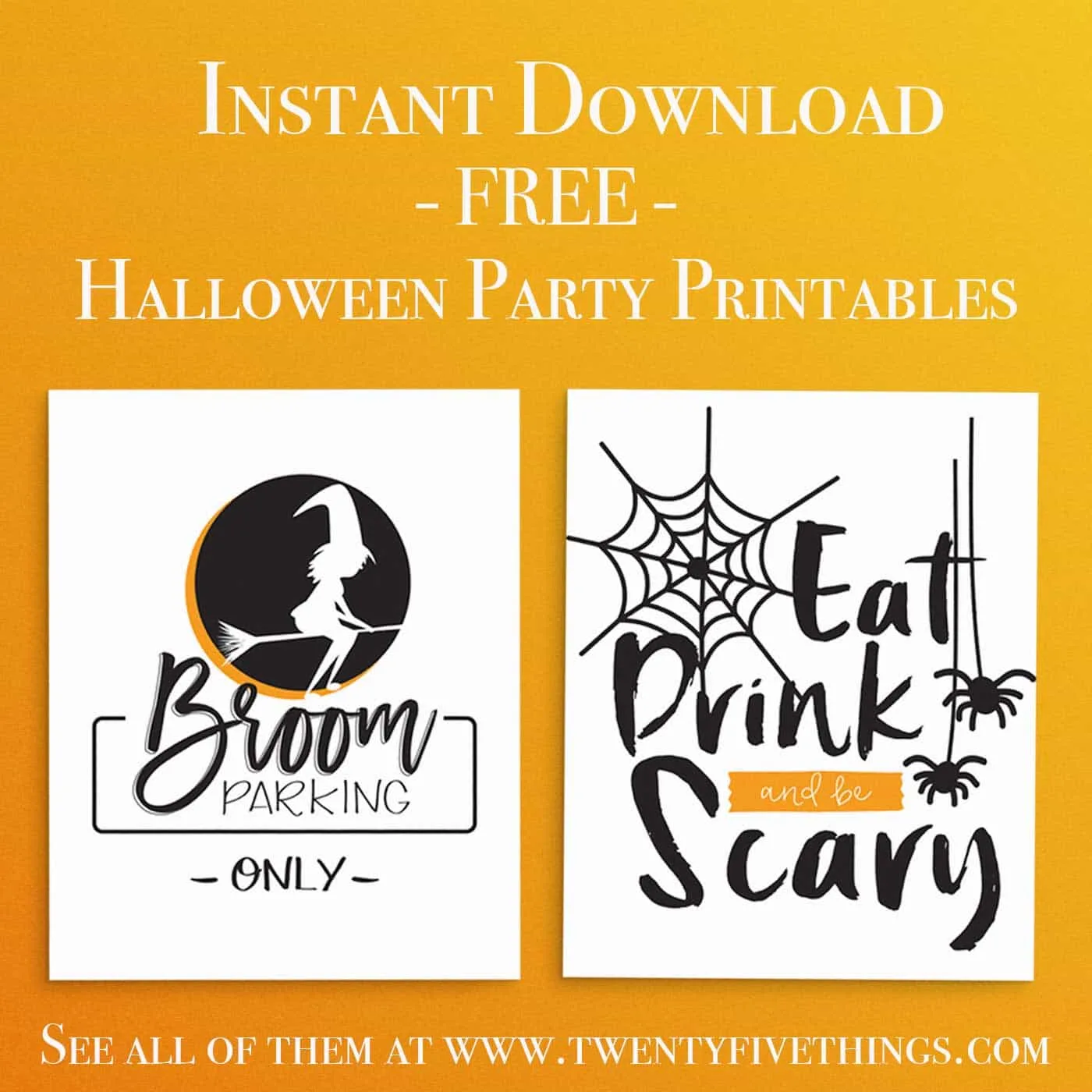 Download and print these Free Halloween Party Printables for your Halloween party. Includes Broom Parking print and Eat Drink and be Scary print. 