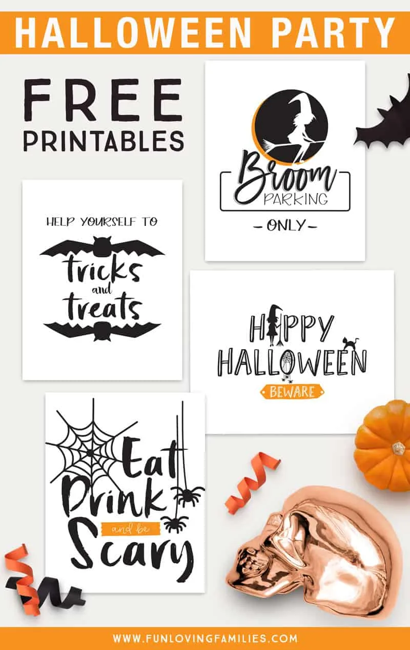 Use our Halloween party printables (including our Eat Drink and be Scary print!) for cheap and easy Halloween decorating. Click through for free downloads. #halloween #halloweenparty #halloweendecor #printables #download