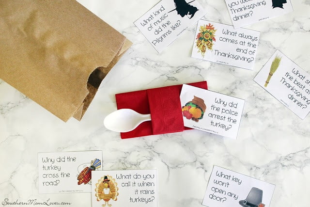 Printable jokes pack for Thanksgiving. Place tuck these in your table settings for lots of fun and laughs at the Thanksgiving kids table.
