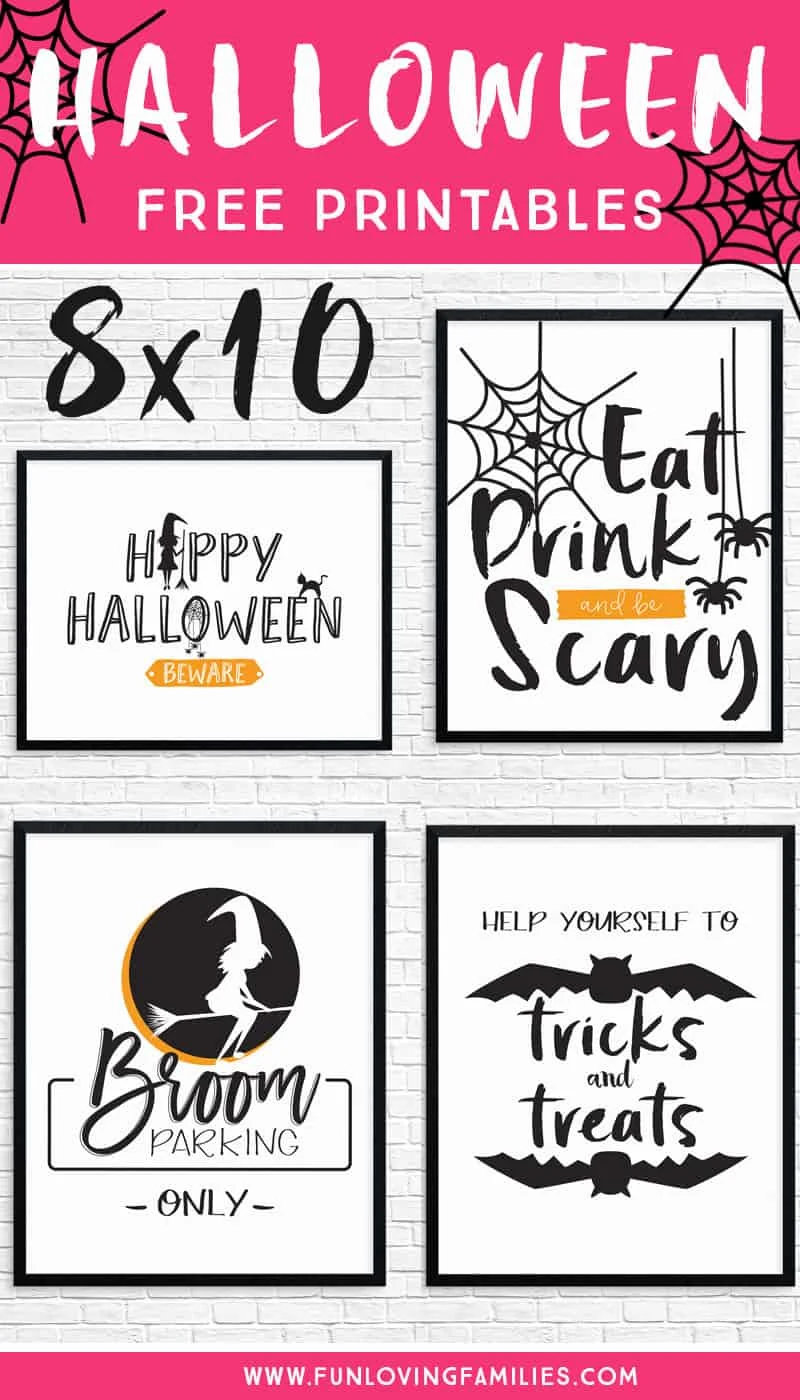 Download our free halloween printables for your Halloween party decor. Set of 4 8X10 prints, Happy Halloween printable sign, Eat Drink and be Scary, and more! #halloween #halloweenprintables #freeprintables #halloweendecor