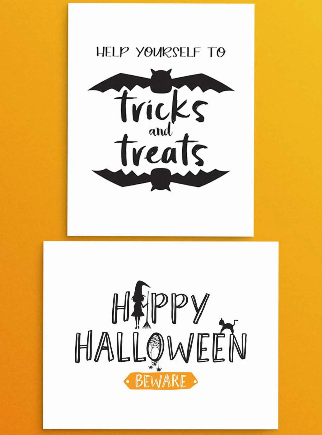 Free Halloween party printables signs that read, "Help yourself to Tricks and Treats" and "Happy Halloween - Beware". Use for entry way or snack and party favor table. Orange and Black color scheme.