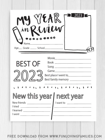2023 year in review printable questionnaire for kids