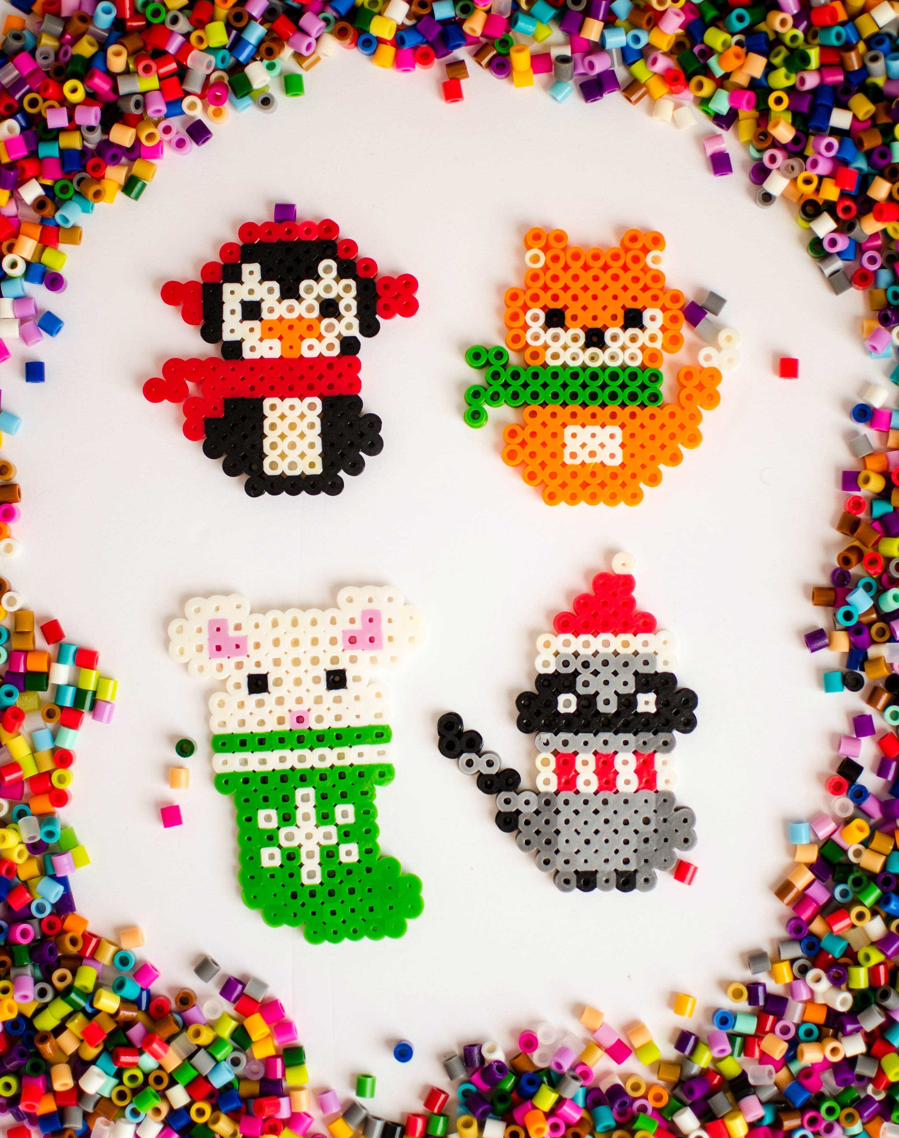 Make these adorable melty bead Christmas ornaments with the free printable patterns available to download. These are so fun to make and are a great kids Christmas craft idea. #ChristmasKidsCraft #MeltyBeads #DIYChristmas
