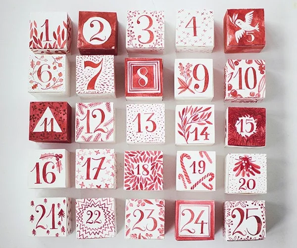 Red Watercolor Free Printable Advent Calendar Boxes