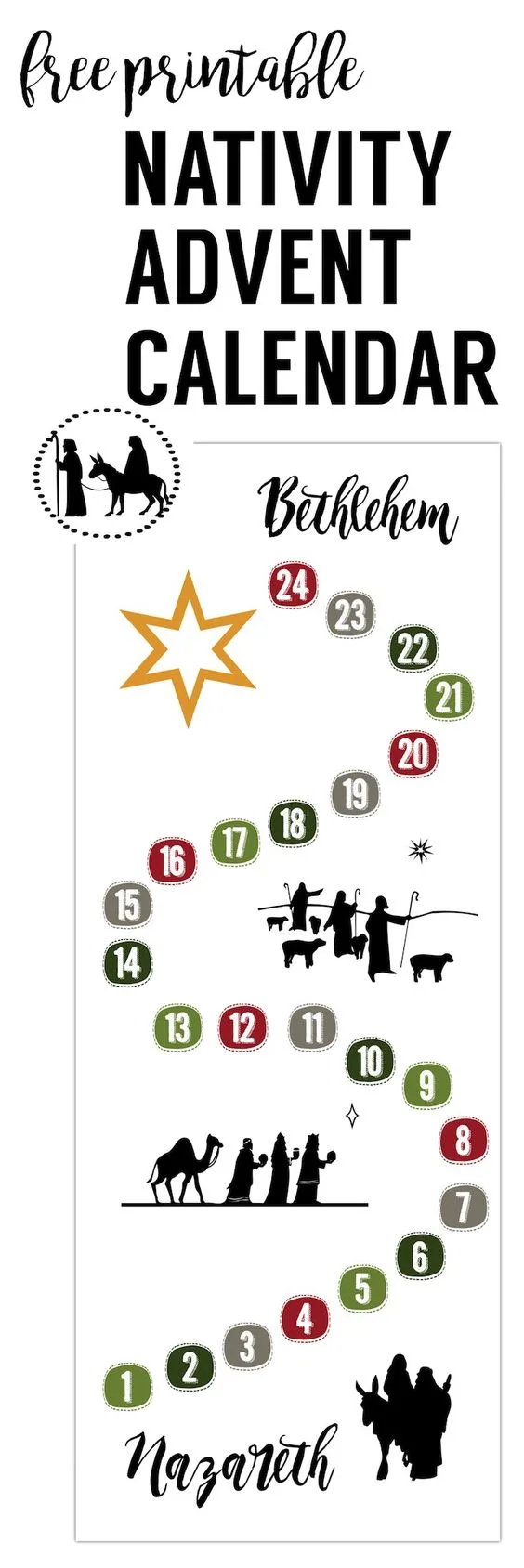 Print this Nativity Advent Calendar at home to help the kids remember the true meaning of Christmas. #DIYAdventCalendar #FreePrintable #Nativity