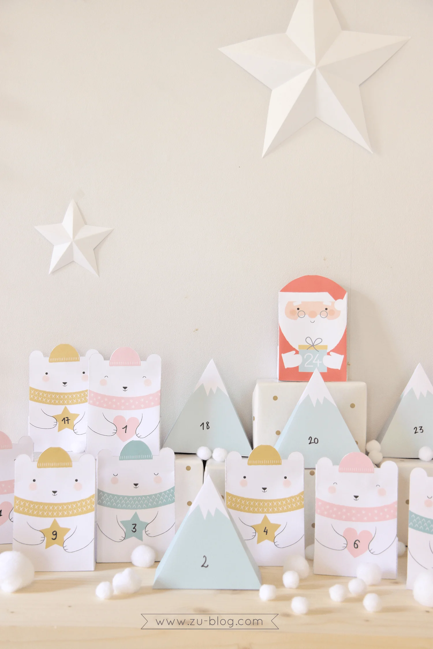 This printable advent calendar is so adorable. Download and print the Santa and bears, then follow the directions on the website for folding. You can also fill the insides with treats before folding shut. Super cute DIY Christmas Countdown idea! #ChristmasCountdown #DIYAdventCalendar #FreePrintable