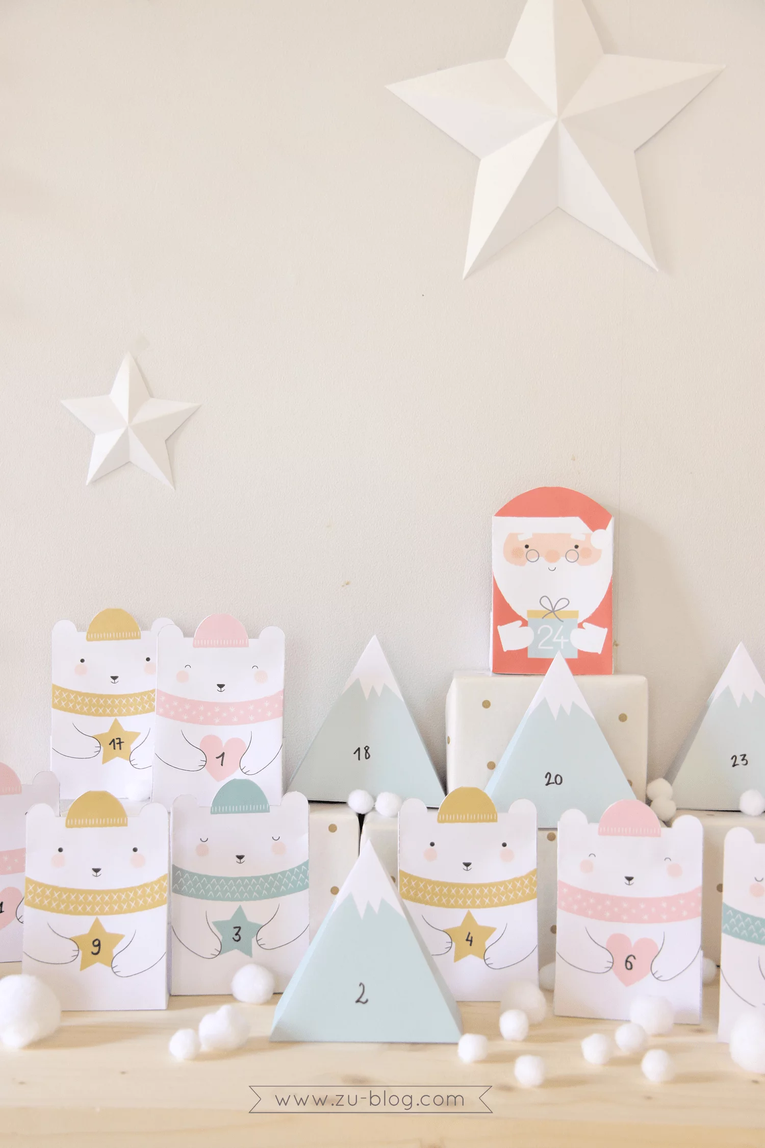 This printable advent calendar is so adorable. Download and print the Santa and bears, then follow the directions on the website for folding. You can also fill the insides with treats before folding shut. Super cute DIY Christmas Countdown idea! #ChristmasCountdown #DIYAdventCalendar #FreePrintable