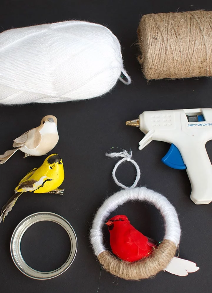 This is everything you need to make a simple bird Mason jar lid ornament. Click over to see how to make your own.