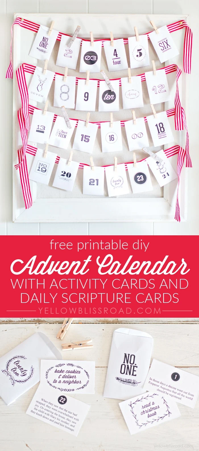 This free printable Advent Calendar set comes with printable envelopes, activity cards, and daily scripture cards. #Nativity #DIYAdventCalendar #FreePrintableChristmas