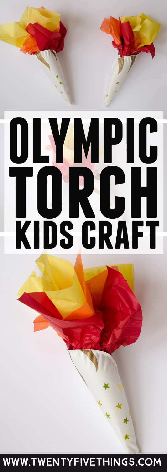 This Olympic torch craft is a fun way to celebrate the Olympics with kids. Slide a battery-powered tea light inside to make the torch glow. #WinterOlympics #OlympicGames #KidsCrafts