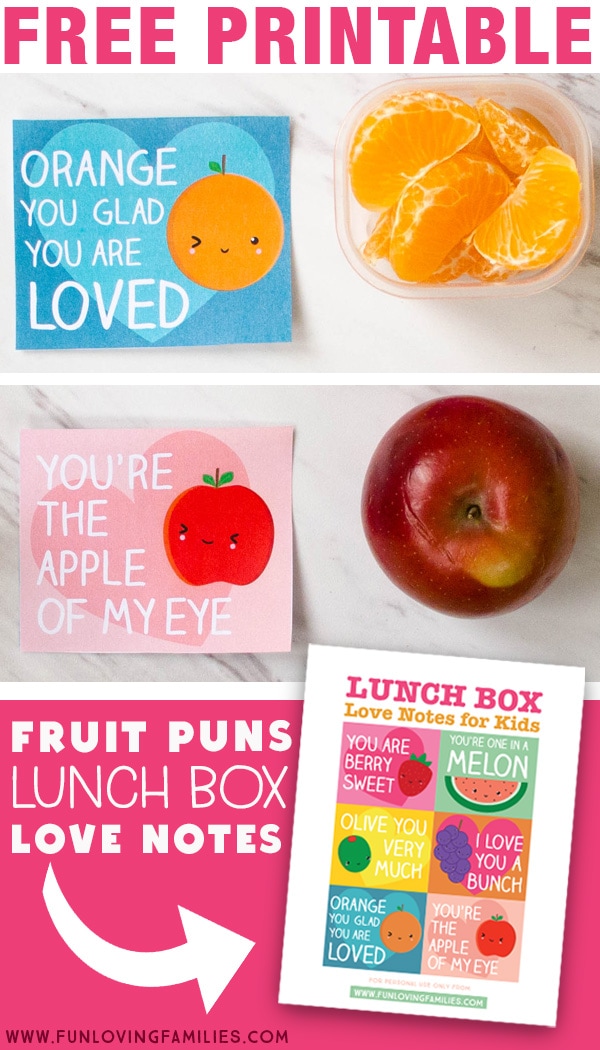 Download these adorable fruit pun lunch box notes for Valentine's day or anytime. Click through for the free printable PDF download. #lunchboxnotes #freeprintables