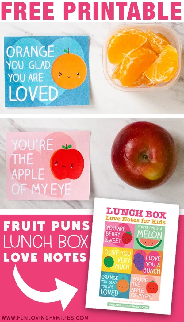 Download these adorable fruit pun lunch box notes for Valentine's day or anytime. Click through for the free printable PDF download. 