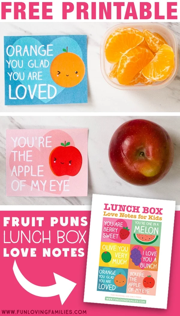 Download these adorable fruit pun lunch box notes for Valentine's day or anytime. Click through for the free printable PDF download.