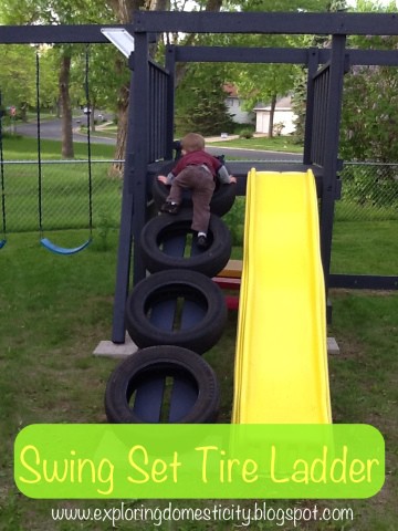 Check out this super-fun DIY kids playset hack (via Exploring Domesticity). See how to switch out the old vertical ladder for this fun tire climbing ladder.