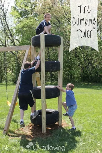 Great list of DIY outdoor play areas including this DIY Kids outdoor climbing tower from old tires via Blessings Overflow.