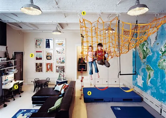 DIY indoor play area with climbing net for kids.