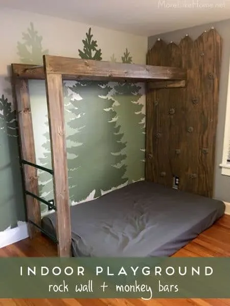 woodsy bedroom climbing space for kids. Includes instructions on how to make climbing wall and monkey bars via More Like Home