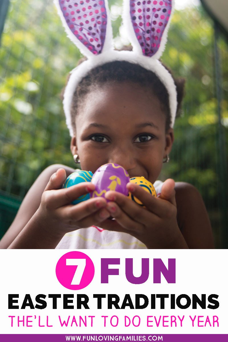 Easter traditions image with girl holding decorated eggs