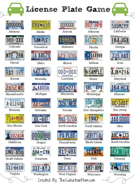Printable license plate game fro kids from The Suburban Mom. Click through for more fun road trip game ideas for kids.