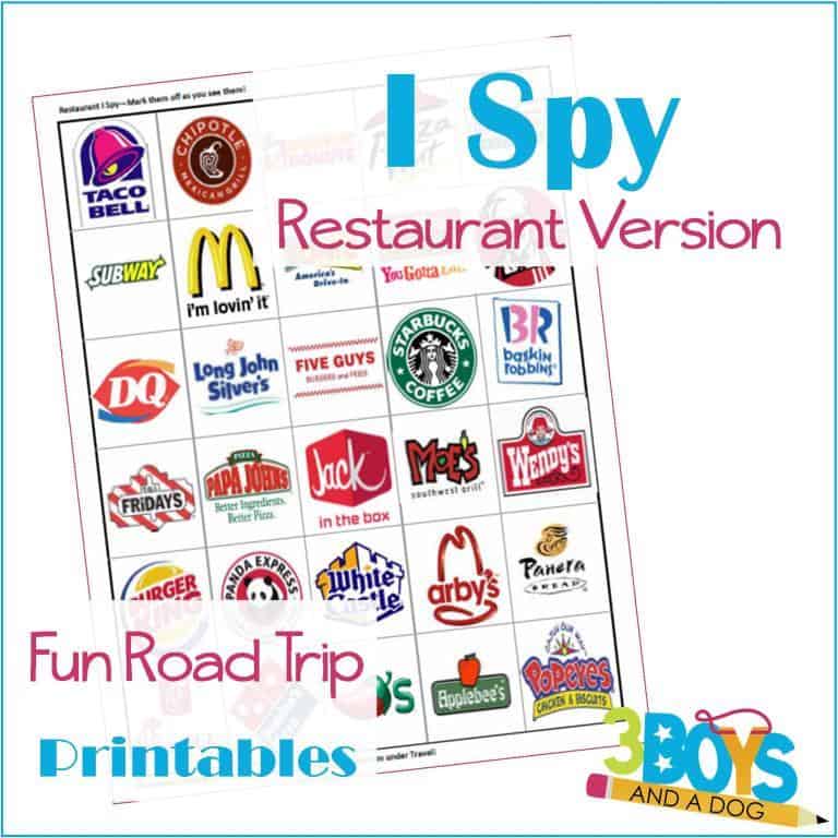 Use this printable Restaurant I Spy game from 3 Boys and a Dog on your next long road trip. Click through to see 24 more fun road trip games for kids. 
