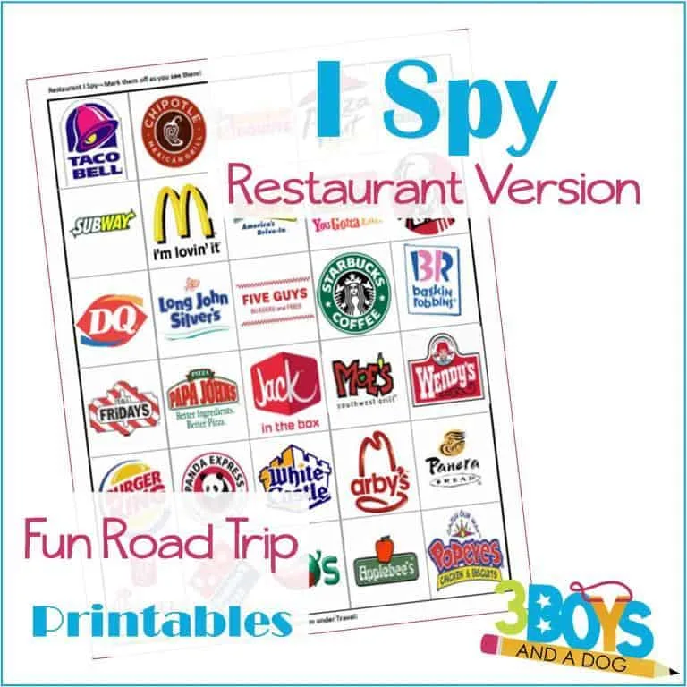 Use this printable Restaurant I Spy game from 3 Boys and a Dog on your next long road trip. Click through to see 24 more fun road trip games for kids.