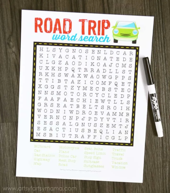 Free printable road trip word search travel game from Artsy Fartsy Mama. Click through for more fun road trip game ideas for kids. 