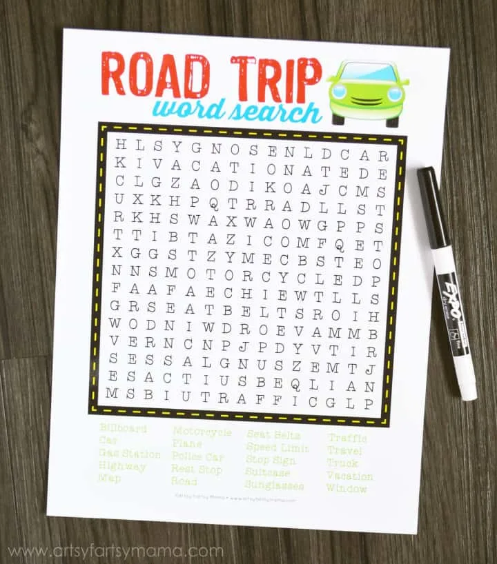 Free printable road trip word search travel game from Artsy Fartsy Mama. Click through for more fun road trip game ideas for kids.