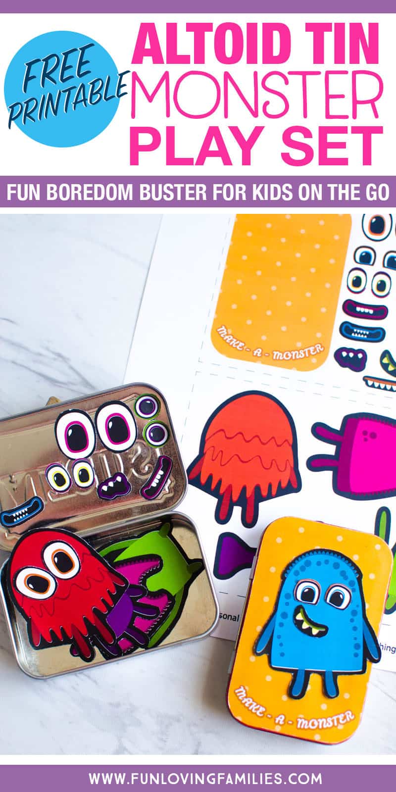 DIY make a monster play set for kids. Easy to make with free printable, magnet sheets, and a mint tin. 
