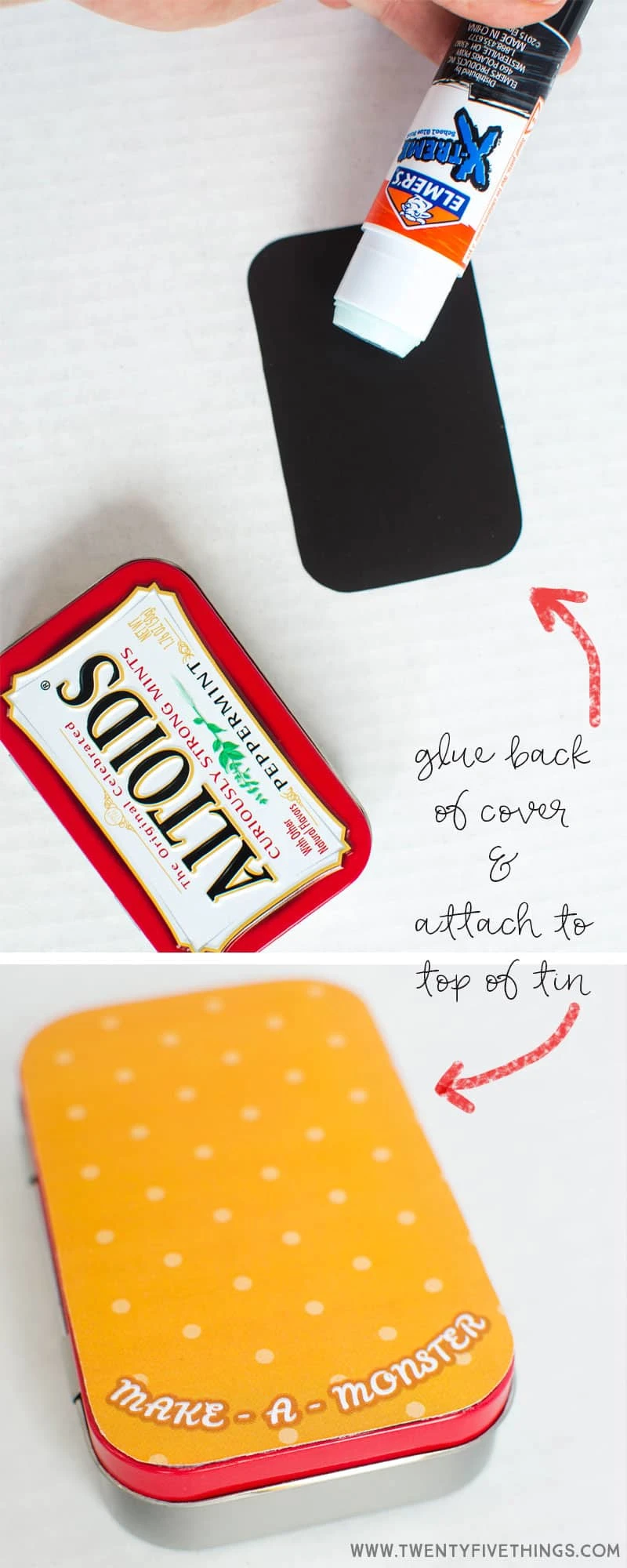 Make a Monster travel tin game tutorial. Use the free printable with an emtpy mint tin and magnetic sheets. Super easy DIY travel game for kids.