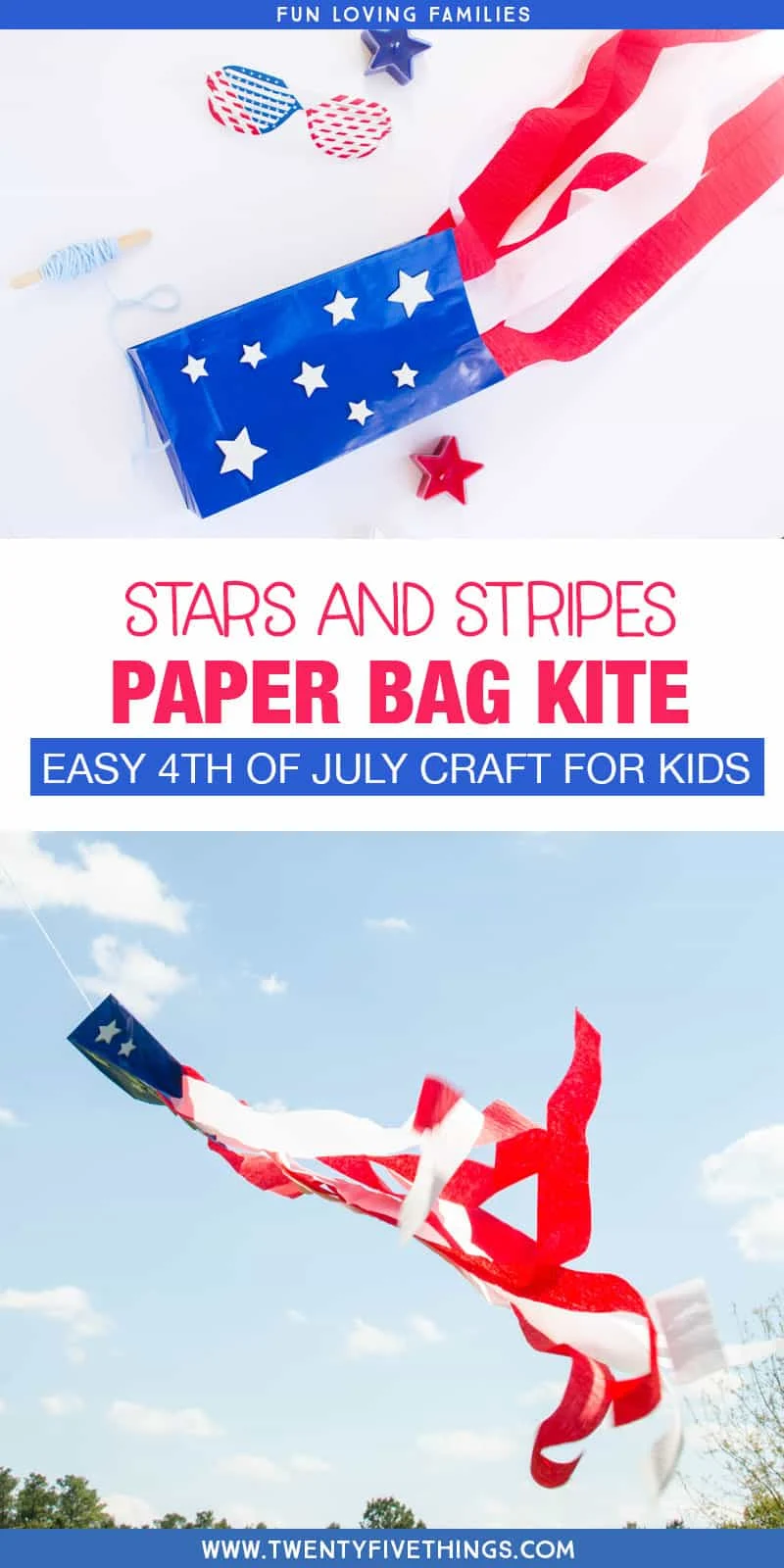 Easy 4th of July craft for kids. Make this simple DIY paper bag kite, decorated with the stars and stripes, for a fun patriotic craft that the kids will love.