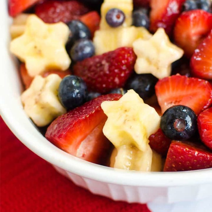 Make this gorgeous red, white, and blue fruit salad for your summer celebrations. The star shapes make it a perfect, simple recipe for Memorial Day or 4th of July.