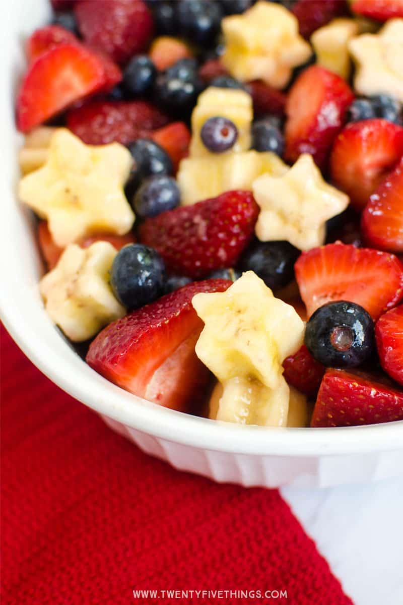 Make this gorgeous red, white, and blue fruit salad for your summer celebrations. The star shapes make it a perfect, simple recipe for Memorial Day or 4th of July.