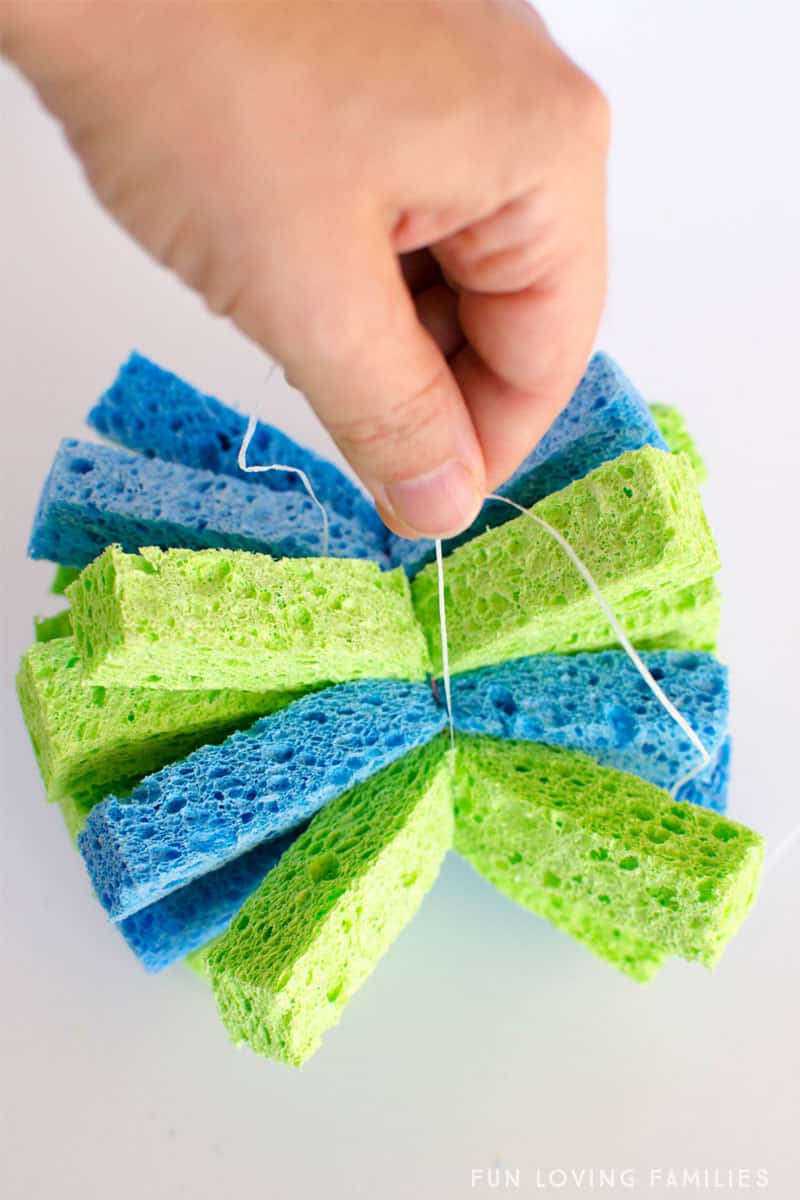 tying string around sponge strips