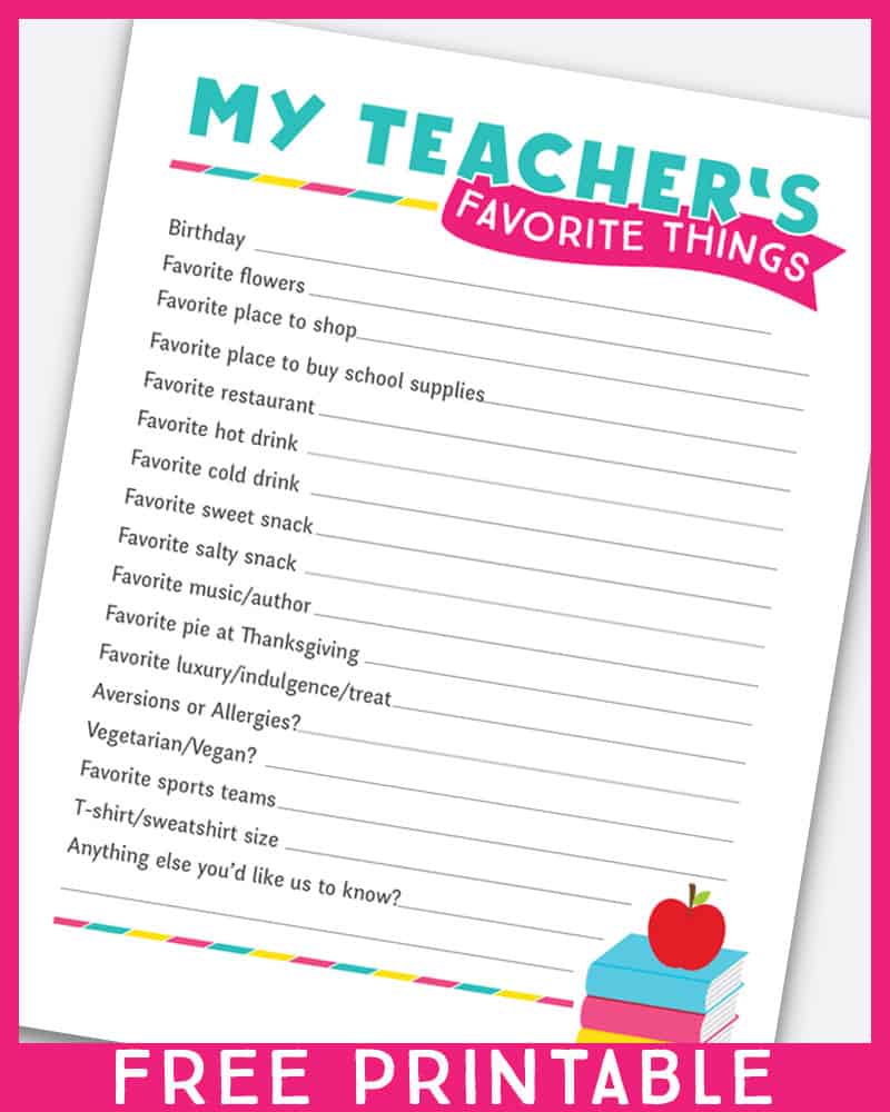Grab this free printable teacher survey to get to know the new teacher this year! I love using these to get ideas for teacher gifts throughout the year. #teachergifts #freeprintable #teachersurvey #teacherquestionnaire #printablequestionnaire