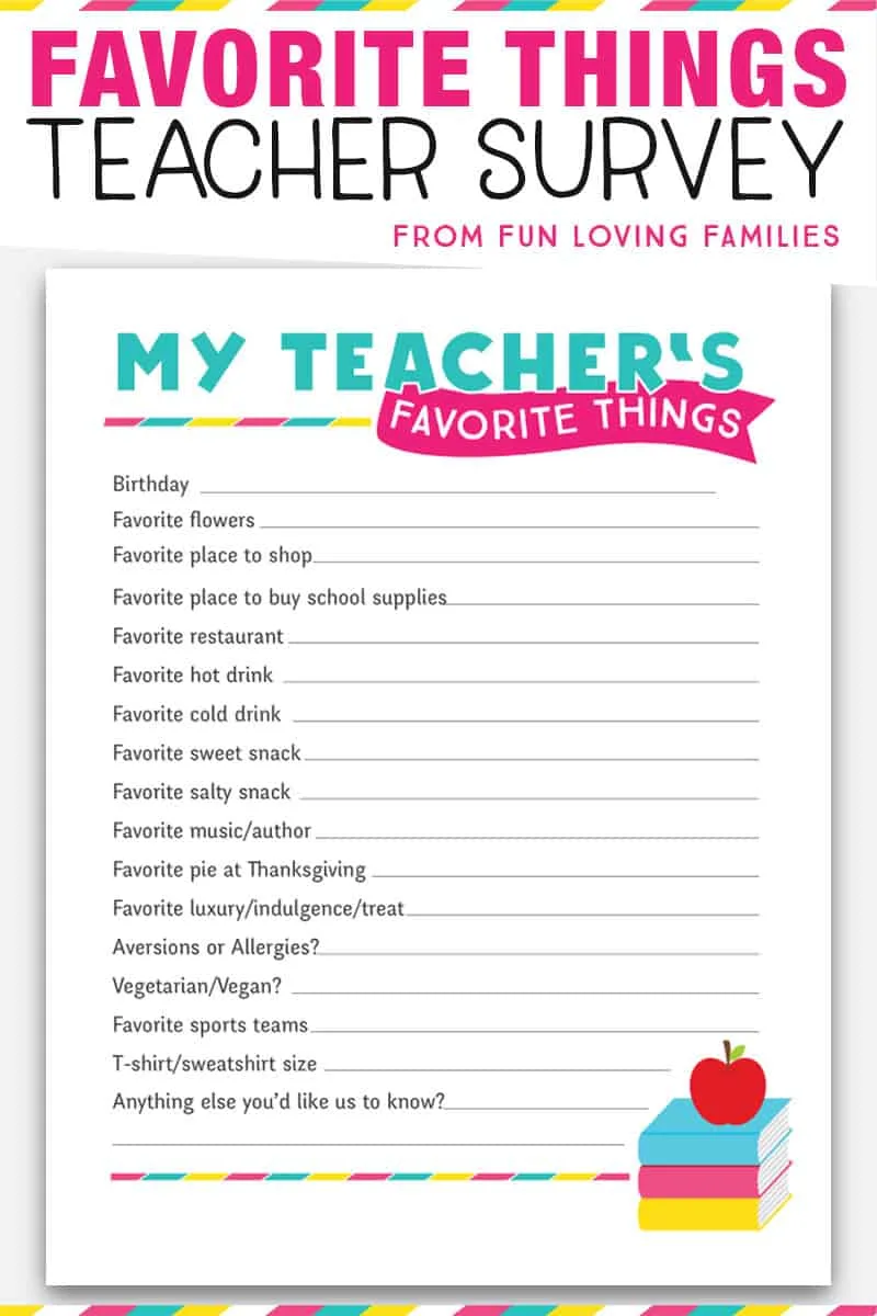 Teacher's Favorite Things survey. Free printable questionnaire to print at home and give to your new teacher. Perfect for getting teacher gift ideas. #teacherfavoritethings #teachersurvey #teacherquestionnaire #freeprintable #teachergiftideas