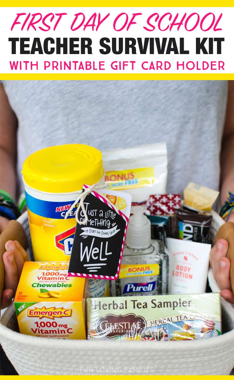 We made a teacher survival kit for the first day of school with lots of goodies to keep the teachers happy and healhty. Printable gift card holder is available to download. 