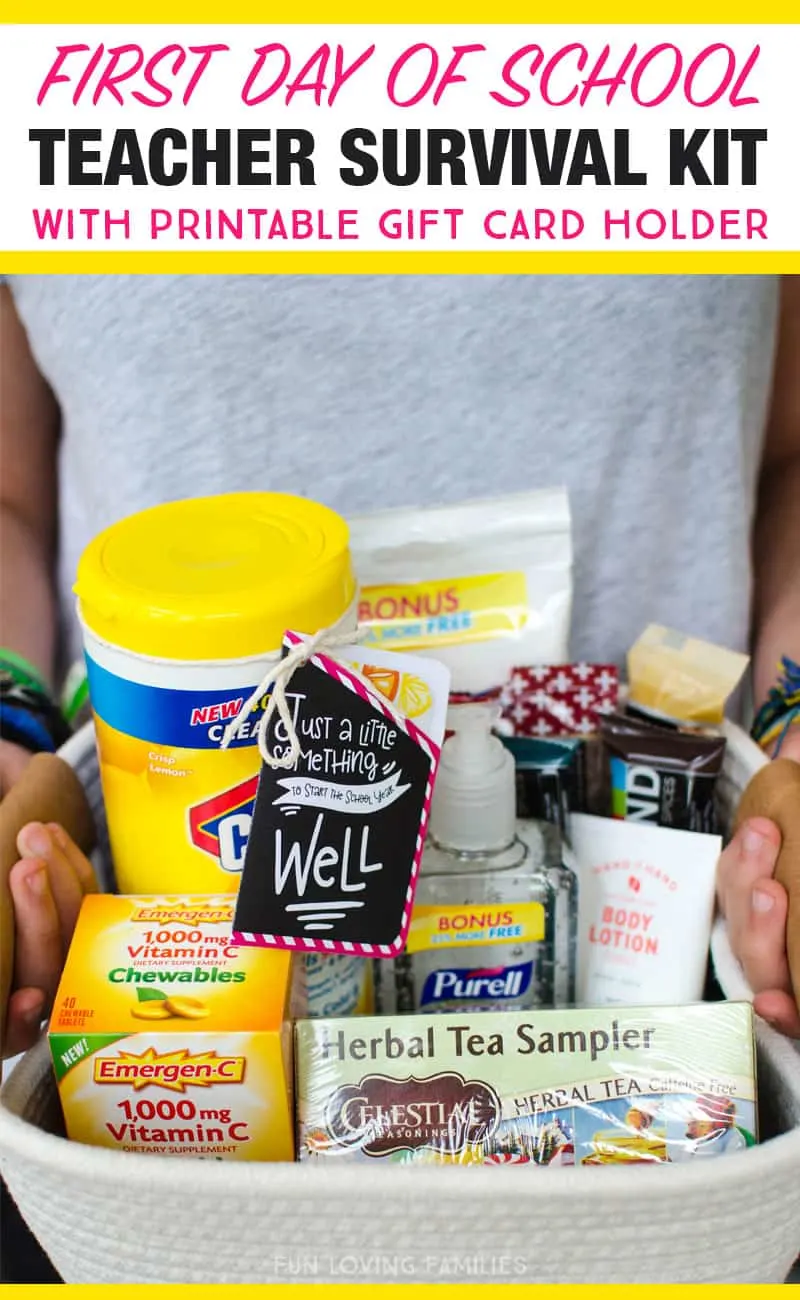 We made a teacher survival kit for the first day of school with lots of goodies to keep the teachers happy and healhty. Printable gift card holder is available to download.