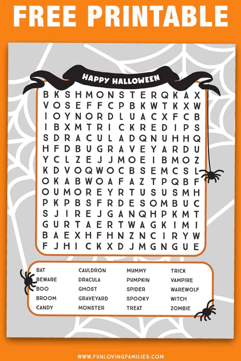 Halloween word search for older kids: This word search is a bit more challenging with words going frontwards, backwards, and diagonally. It's a great printable Halloween activity sheet for older kids. #halloween #printables #activities #wordsearch #olderkids