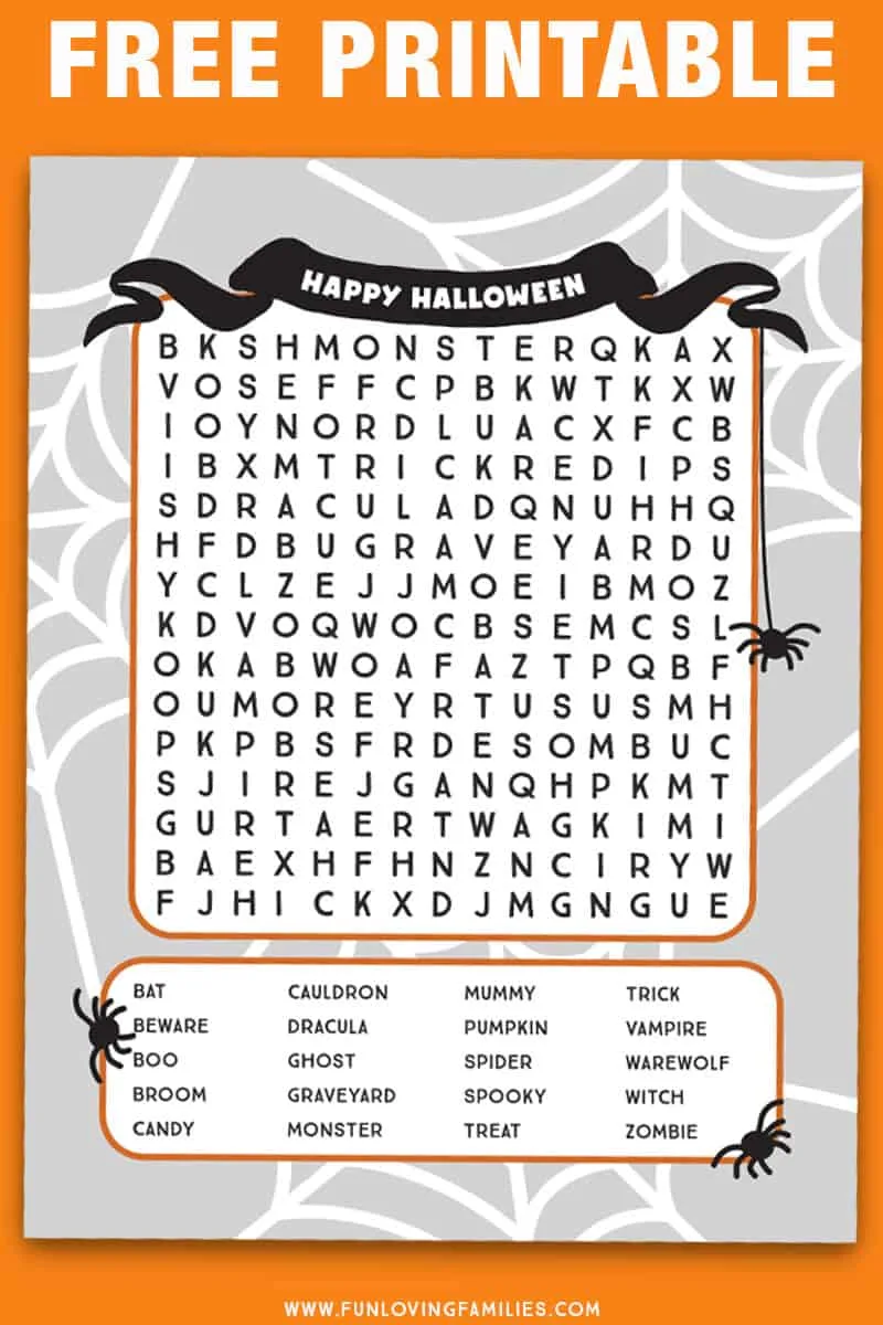 Halloween word search for older kids: This word search is a bit more challenging with words going frontwards, backwards, and diagonally. It's a great printable Halloween activity sheet for older kids. #halloween #printables #activities #wordsearch #olderkids