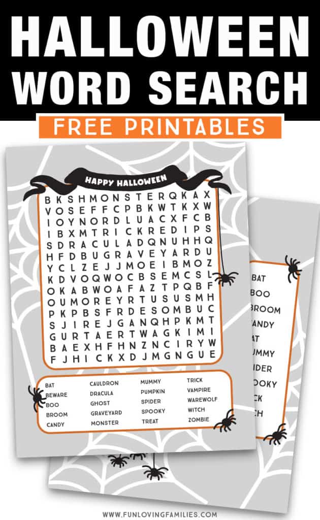 Halloween word search printables: We're sharing two Halloween word searches for kids so they can choose an easy word search puzzle or a more challenging word search. Free PDF download for both Halloween printable activities! #halloween #printables #kidsactivities #activitysheets #wordsearch #freeprintables #halloweenprintable #halloweenkids